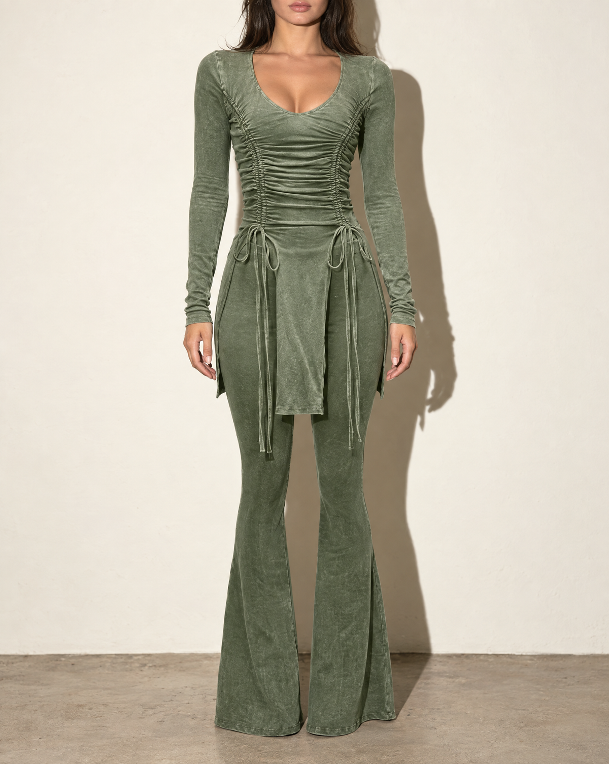 Mineral Washed Long Sleeve Bell Bottom Pants Set in Olive — front view