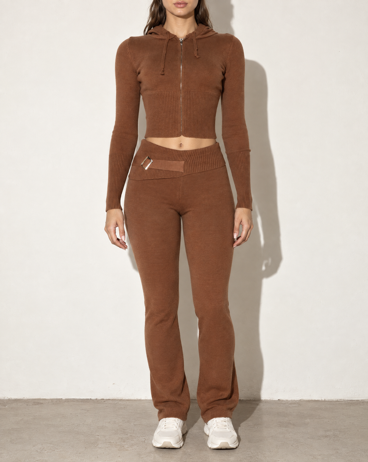 Muvin women's brown hoodie zip up top and pants set, front view on model