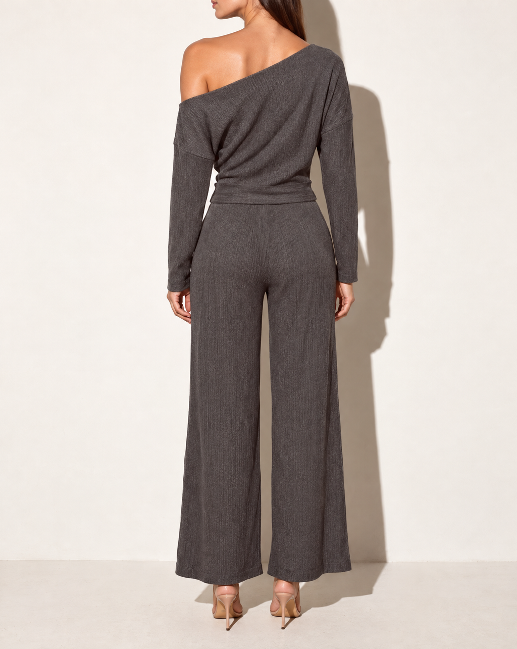 Off Shoulder Long Sleeve Top & Pants Set in Brown — back view