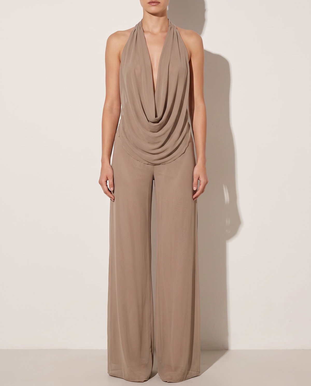 Deep Cowl Neck Sleeveless Top & Pants Set in NUDE — front view