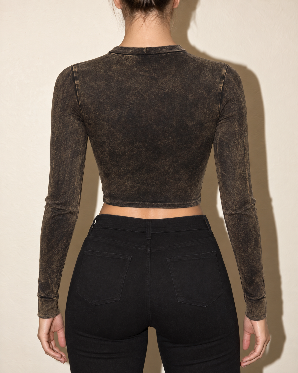 Washed Fringe Front Detailed Long Sleeve Top in DK MUSTARD — back view