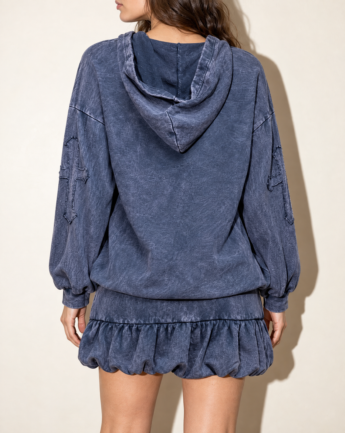 Holy Cross Hoodie & Blessed Bubble Skirt Set in Navy — back view