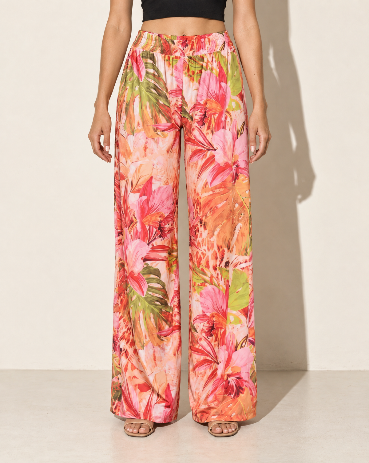 Printed Wide Leg Pants in Pink — front view