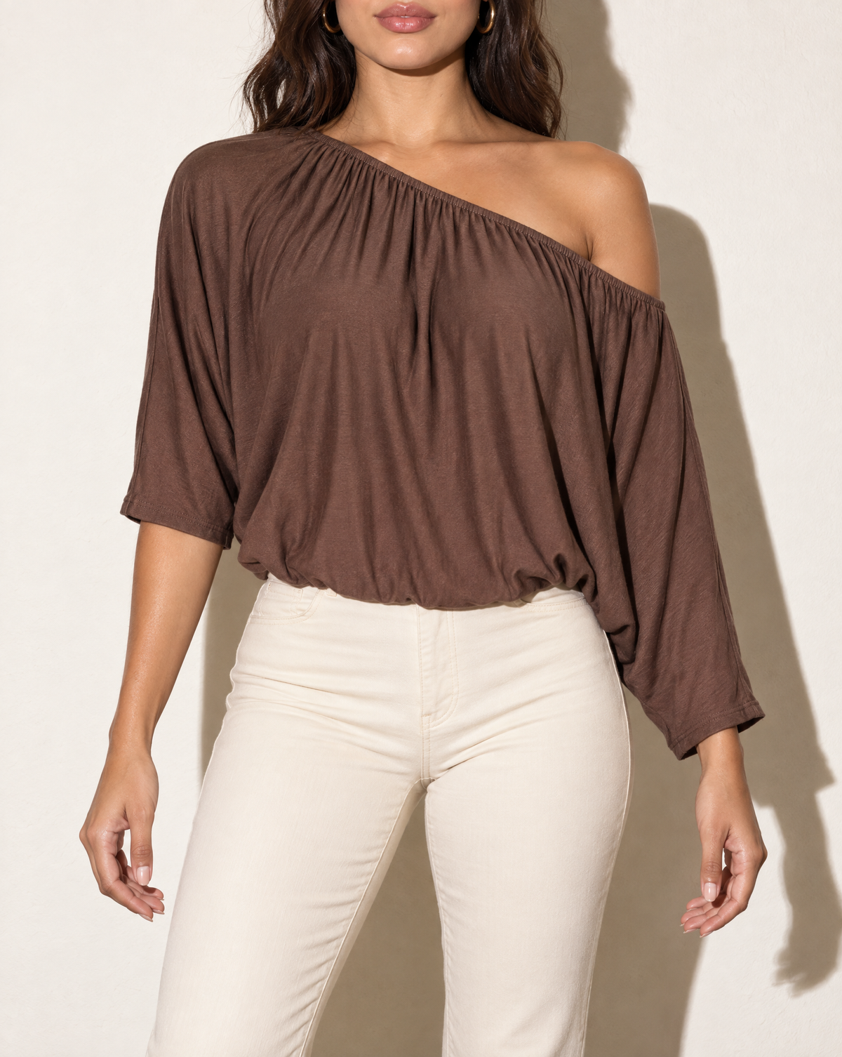 Cropped Batwing Off Shoulder Top in Brown — front view