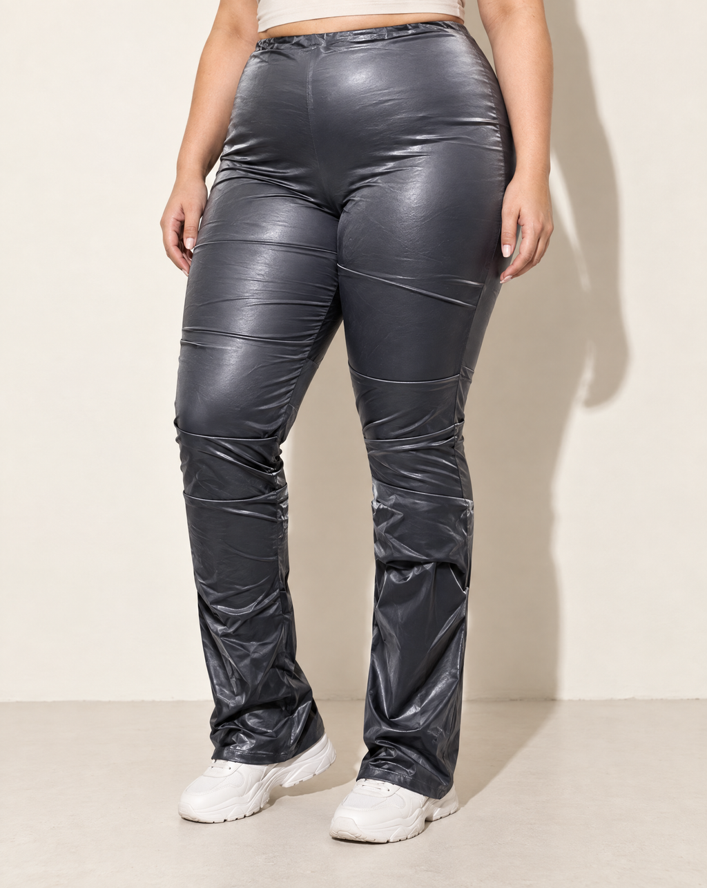 Plus Size Velvet PU Ruched Pants in Charcoal — alternate front view