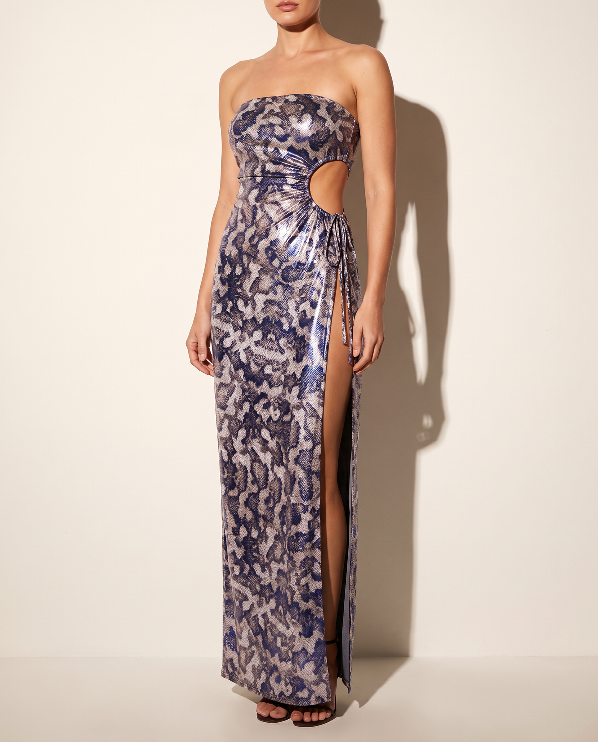 Foiled Snake Print Cutout Detailed Maxi Dress in Multi — alternate front view