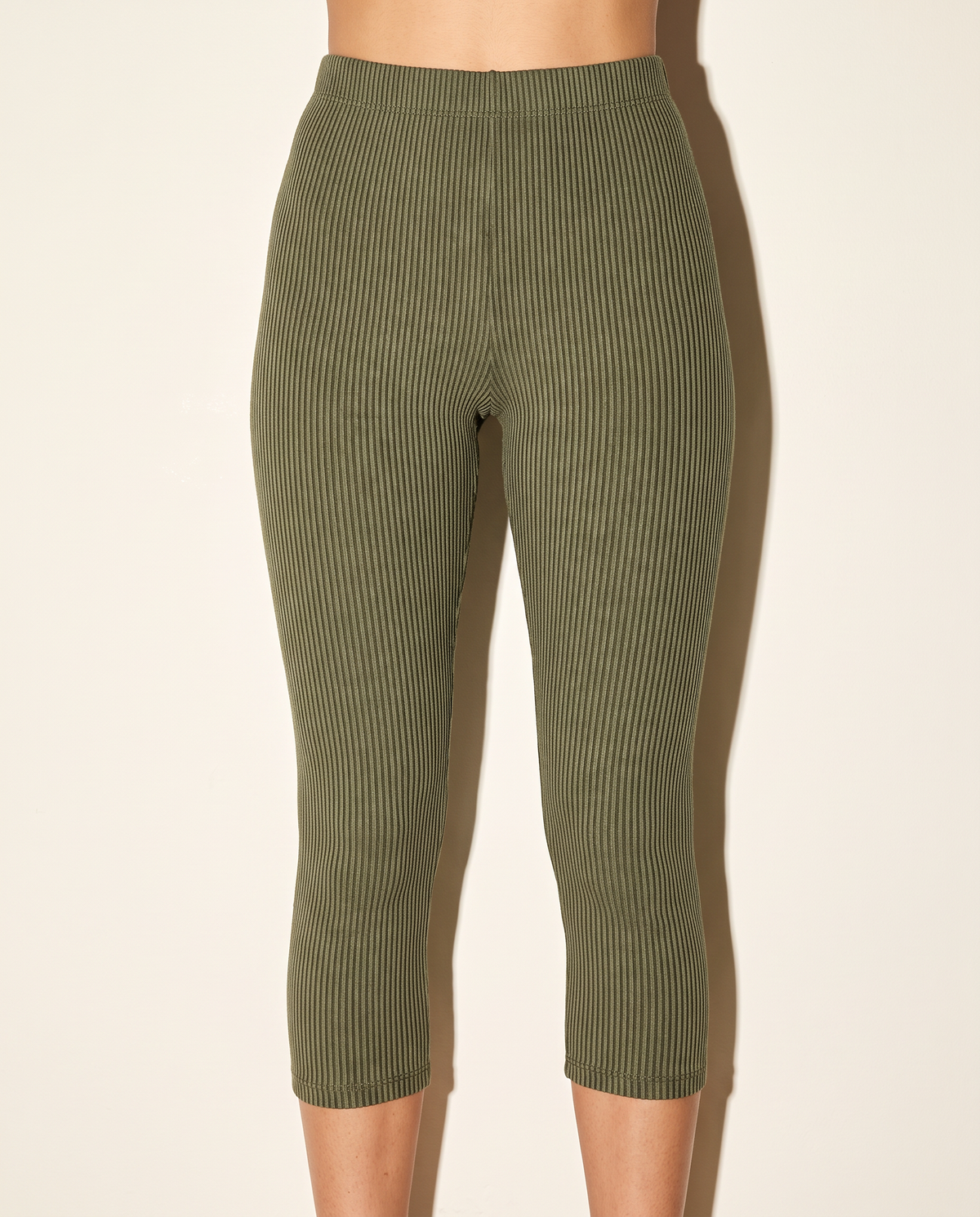 Noodle Rib Fabric Capri Leggings in Olive — front view