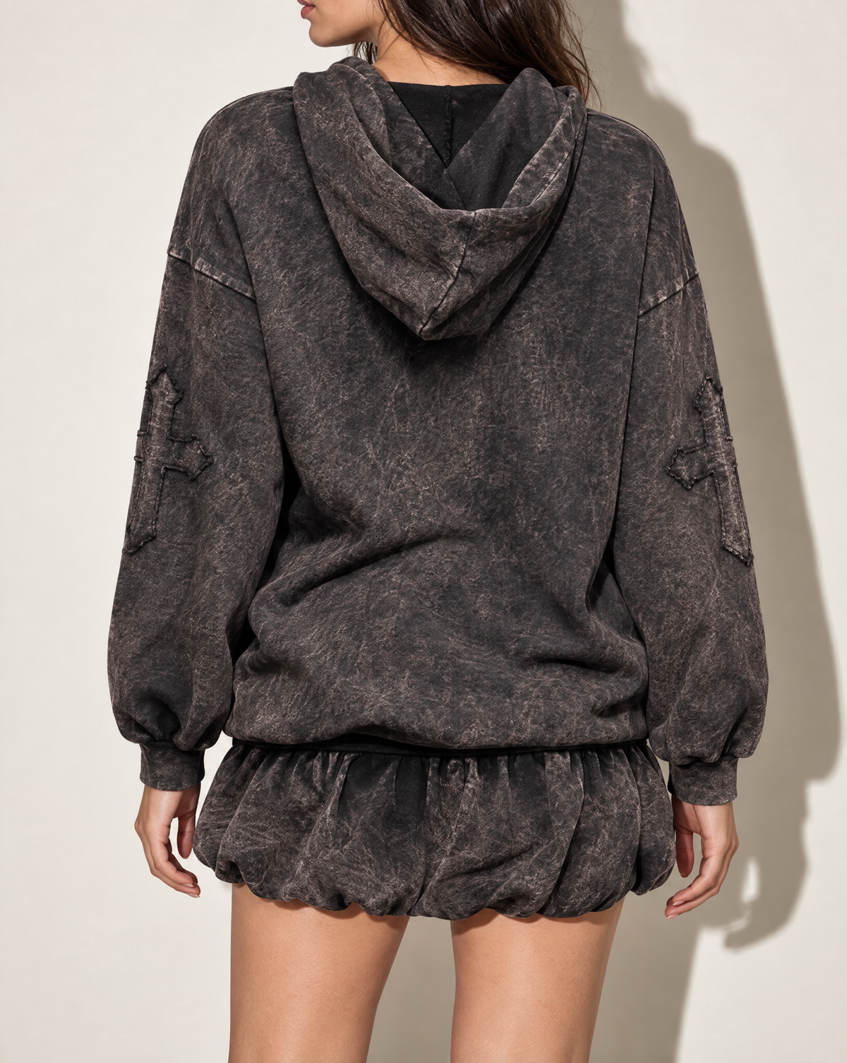 Holy Cross Hoodie & Blessed Bubble Skirt Set in Charcoal — back view