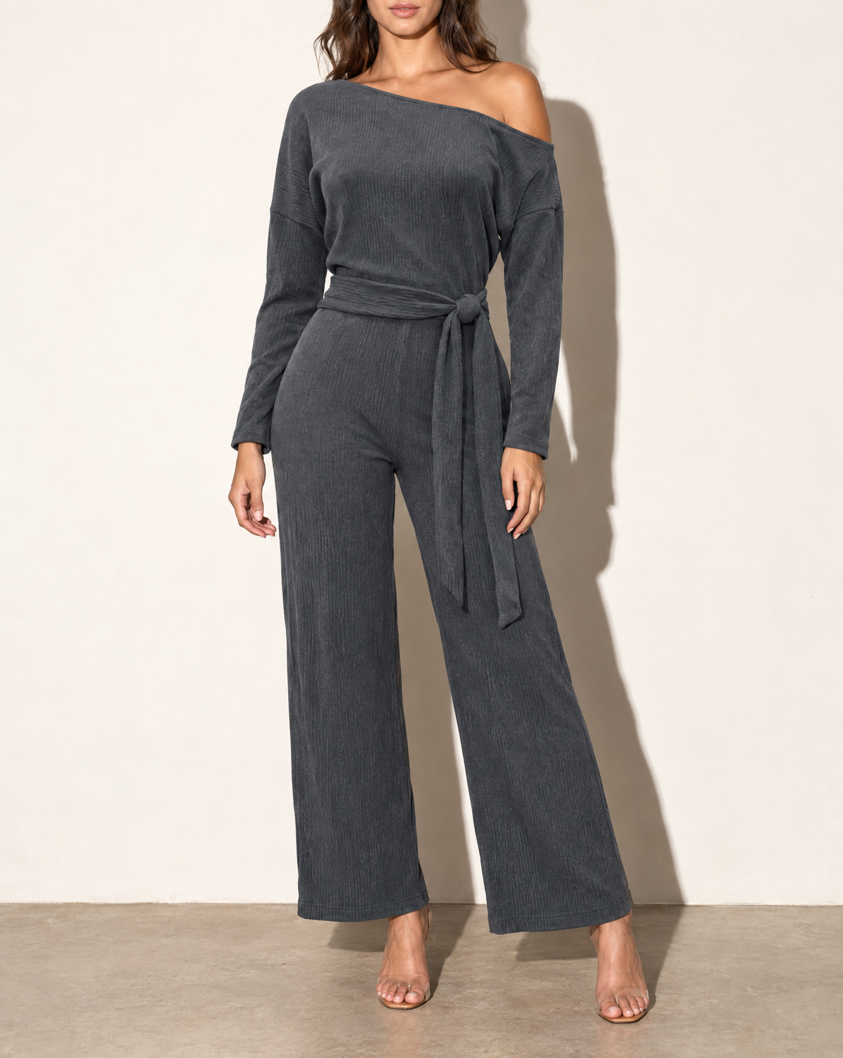 Off Shoulder Long Sleeve Top & Pants Set in Charcoal — alternate front view