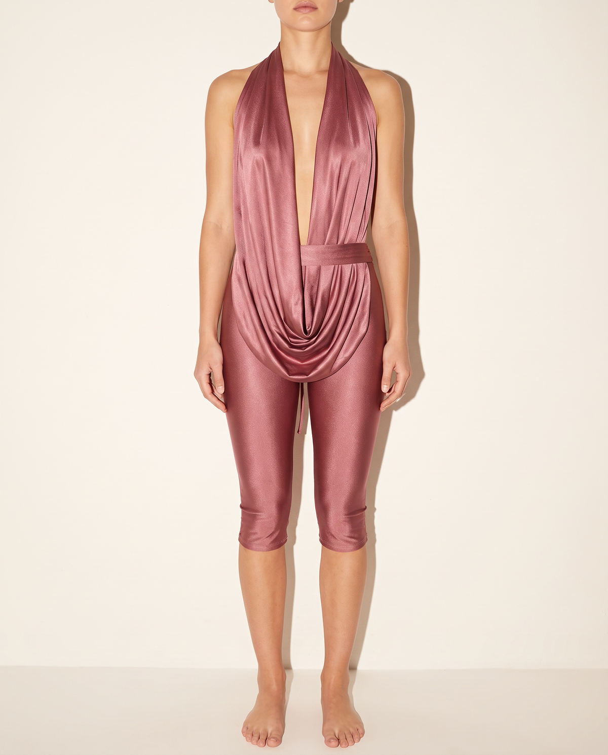 Halter Cowl Neck Open Back Capri Jumpsuit in MARSALA — front view