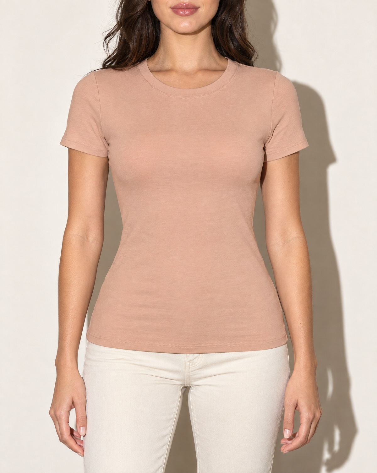 Round Neck Basic Cotton T-Shirt in LT MOCHA — front view