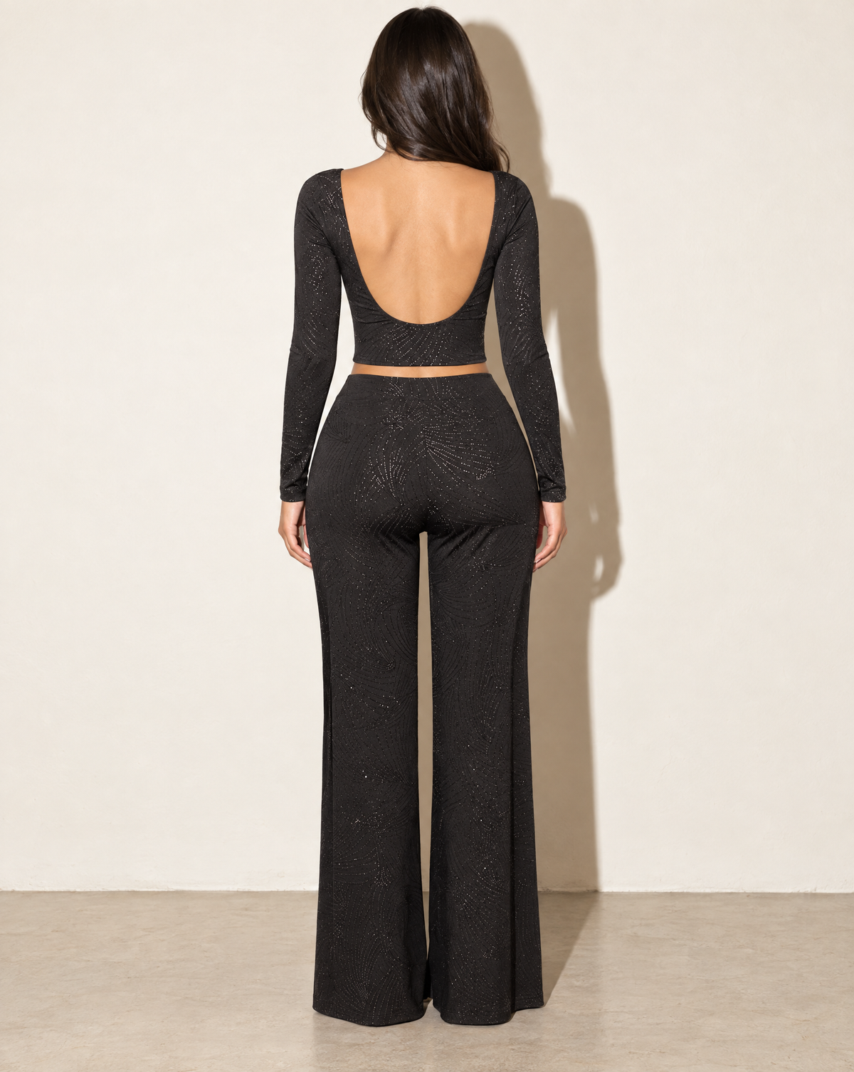 Glittered Open Back Top & Pant Set in Black — back view