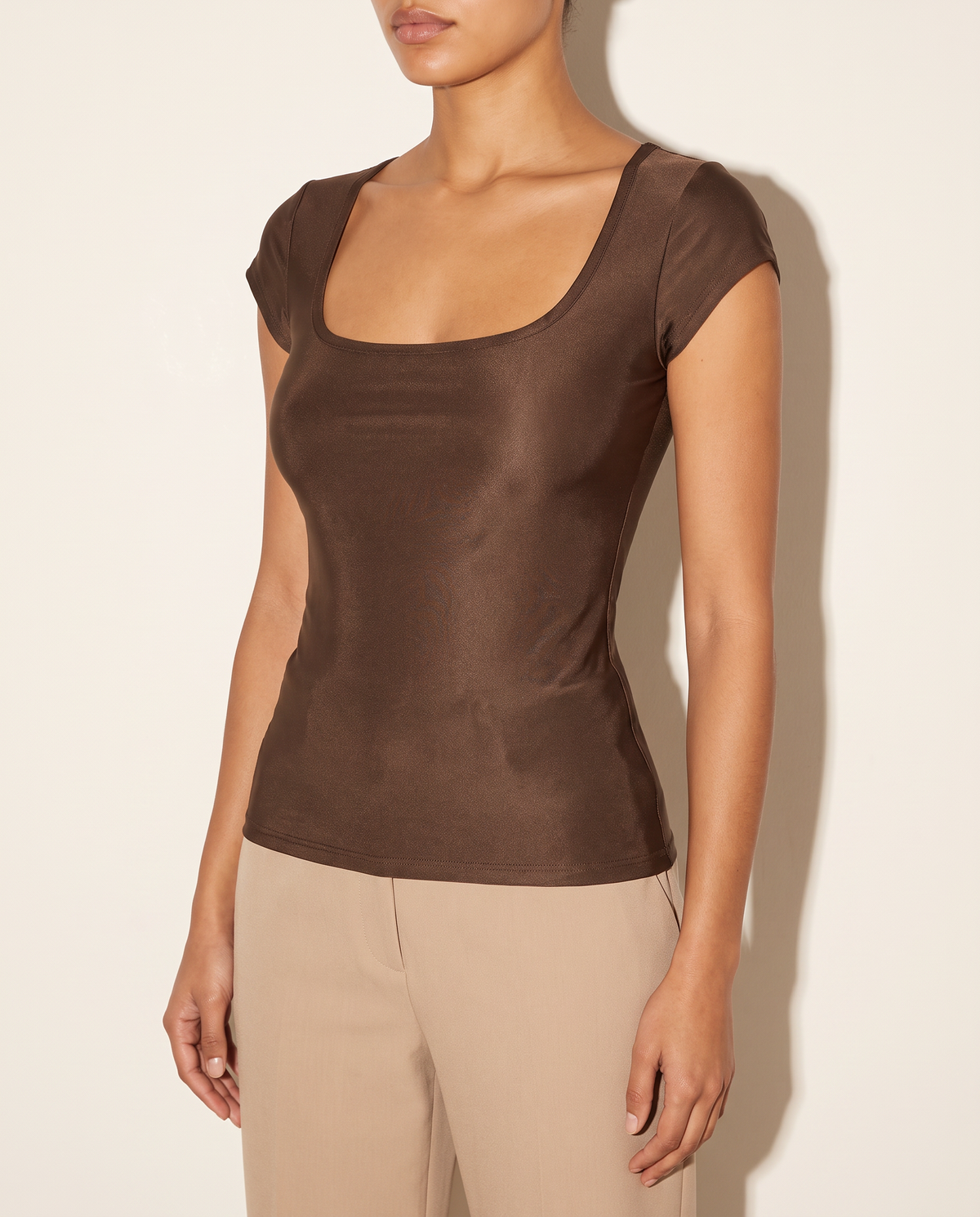 Cap Sleeves Scoop Neck Bodycon Top in Brown — alternate front view