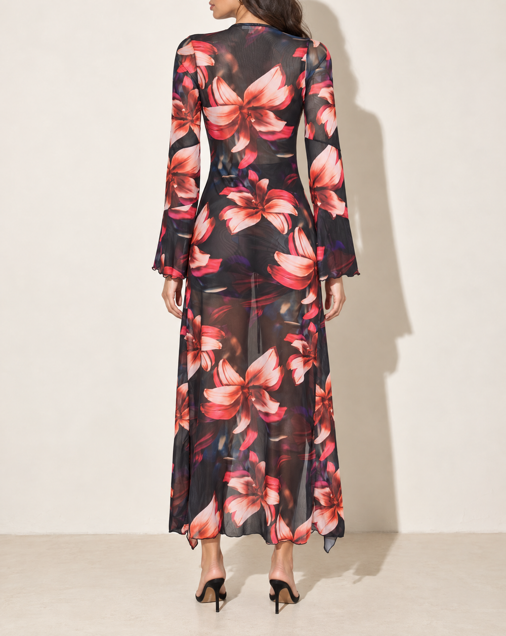 Floral Ruffle Long Top in BLACK COMBO — back view