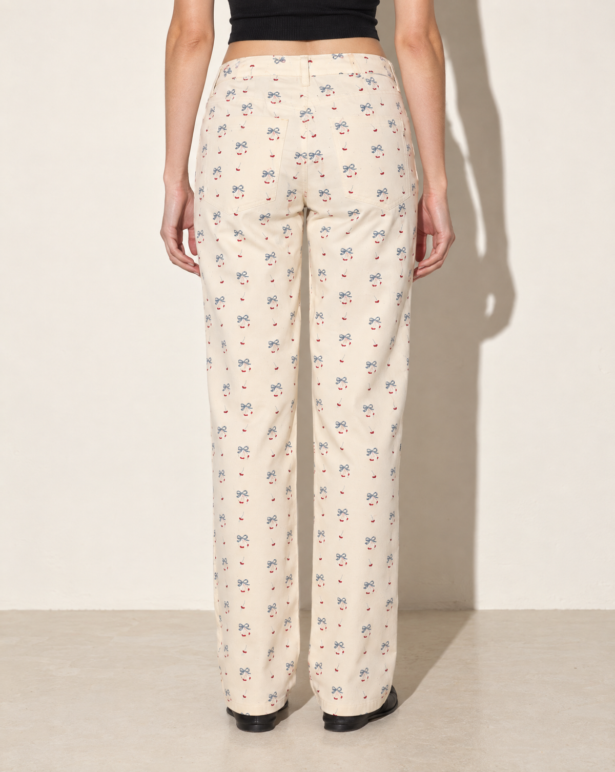 Little Bow Printed Button Closure Pants in Cream — back view