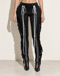 Lace Up Detailed Fringe Pants in Black — front view