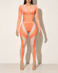 Mesh Contrast Bodysuit & Leggings Set in ORANGE/NUDE — front view