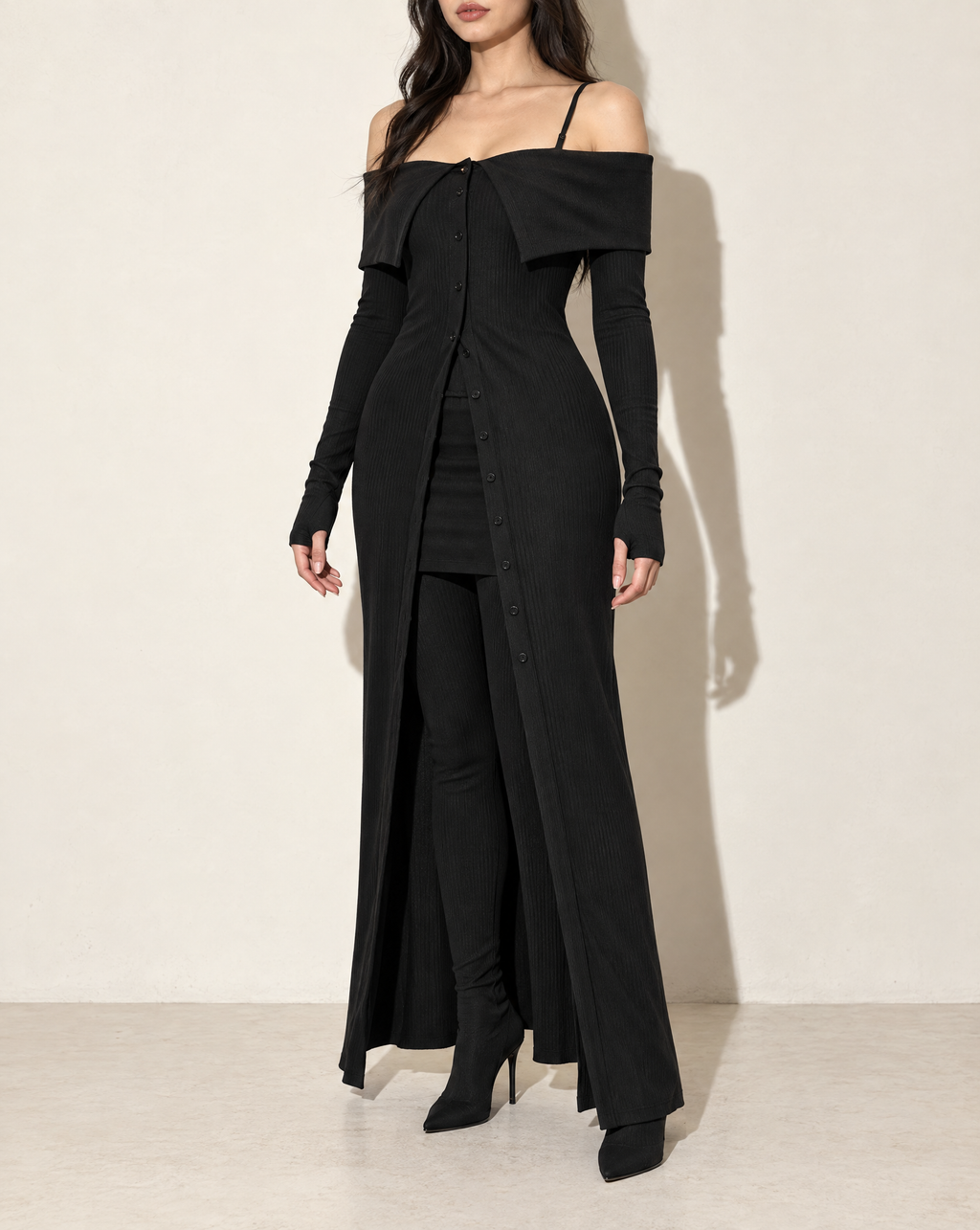 Long Length Off Shoulder Top & Skirt Leggings Set in Black — alternate front view
