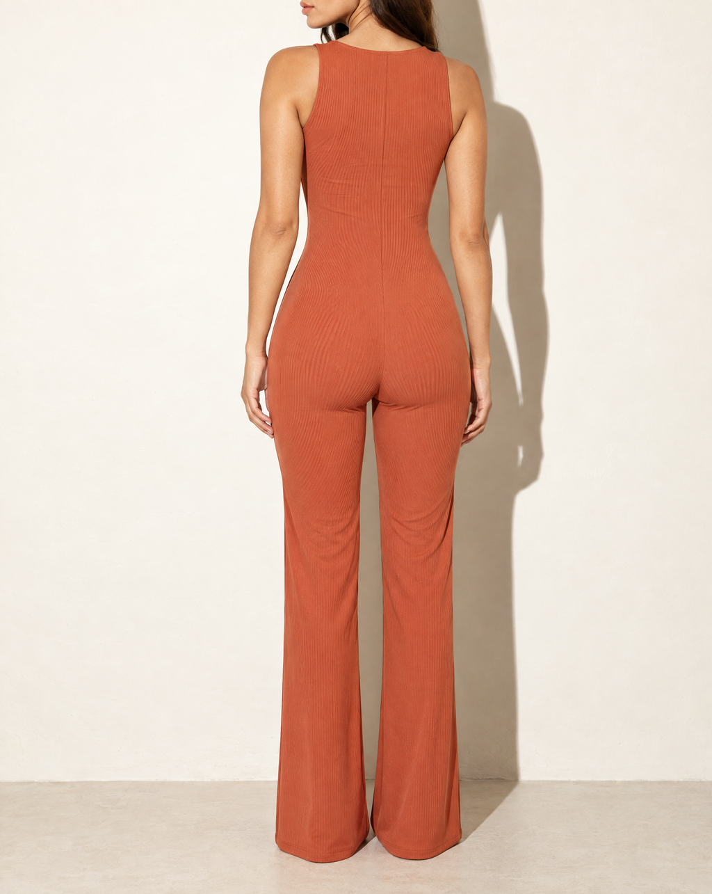 Sleeveless Wide Leg Jumpsuit in BAKED CLAY — back view