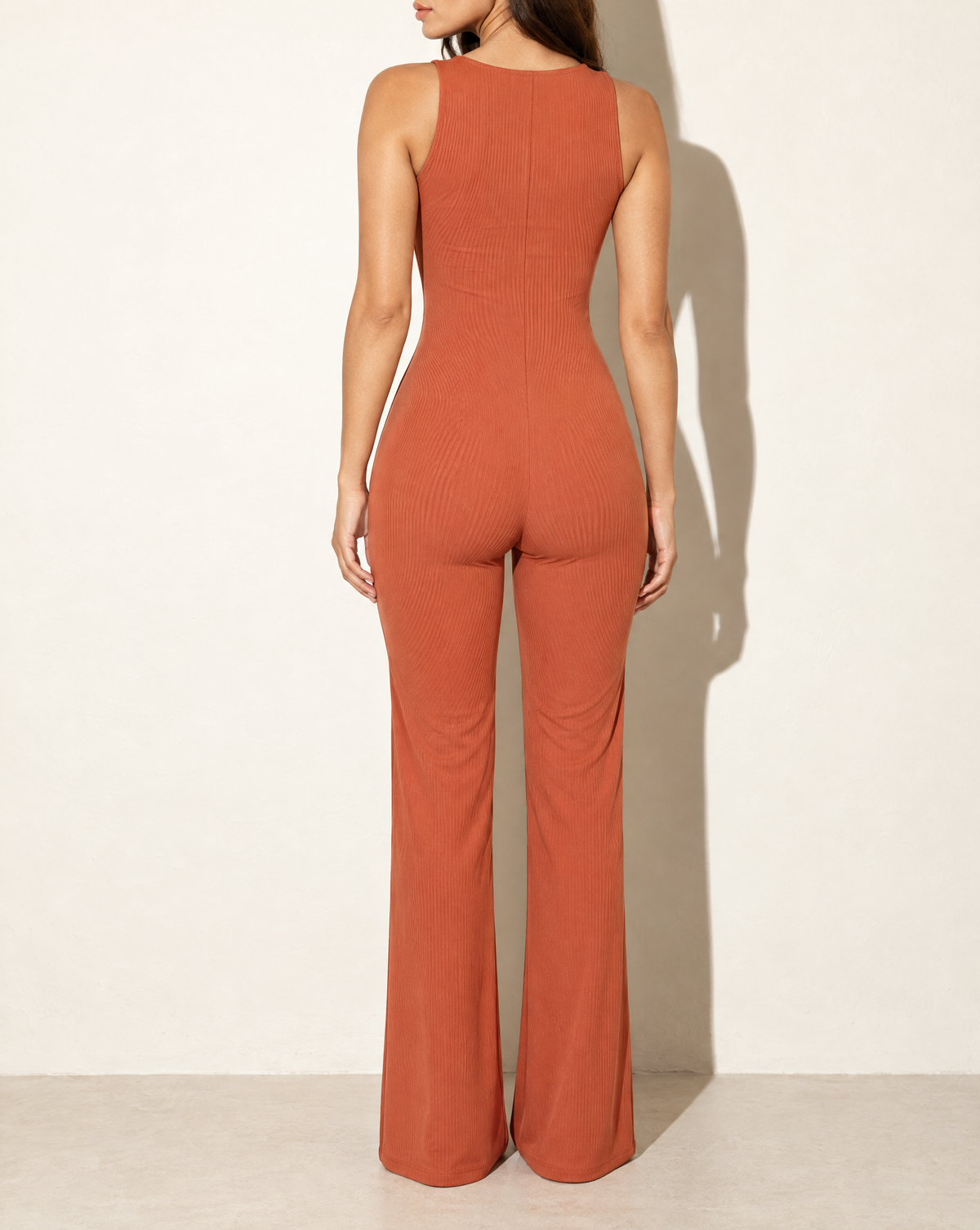 Sleeveless Wide Leg Jumpsuit in BAKED CLAY — back view