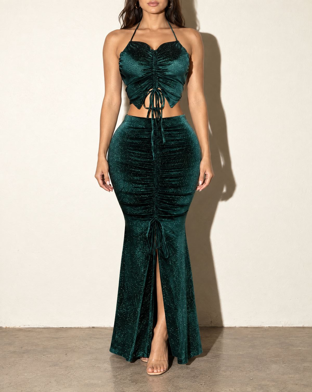 Rulex Velvet Maxi Skirt Set in Hunter Green — front view