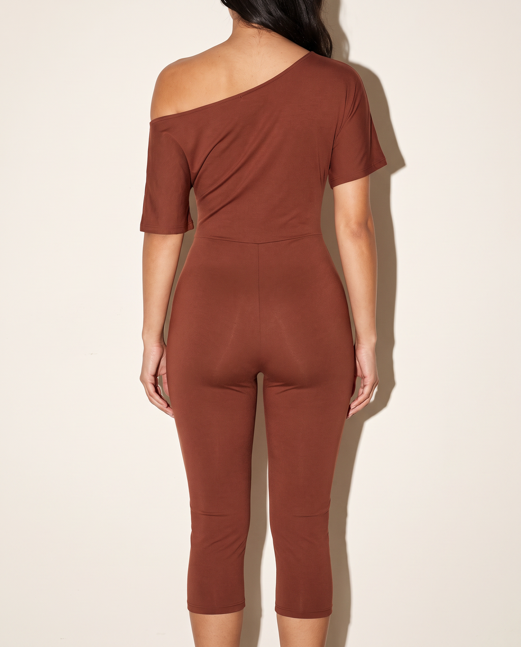 One Off Shoulder Capri Jumpsuit in Burgundy — back view