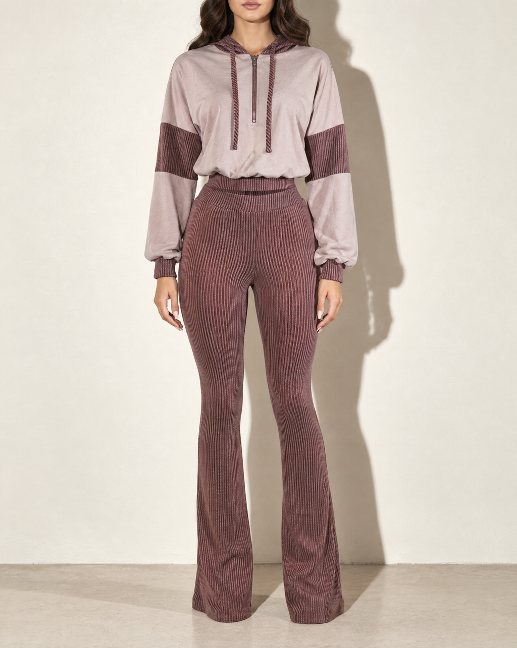 Color Block Hoodie & Flare Pants Set in BROWN COMBO — front view
