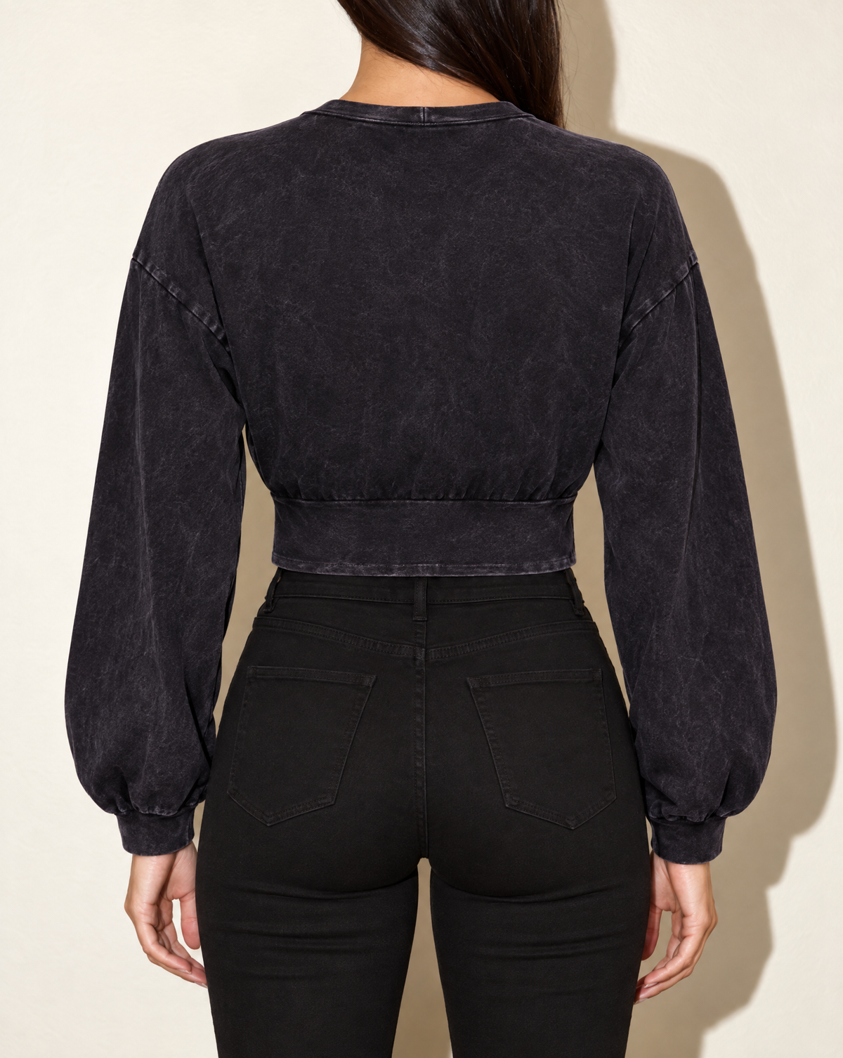 Washed Fringe Detailed Bubble Sleeve Top in DK NAVY — back view