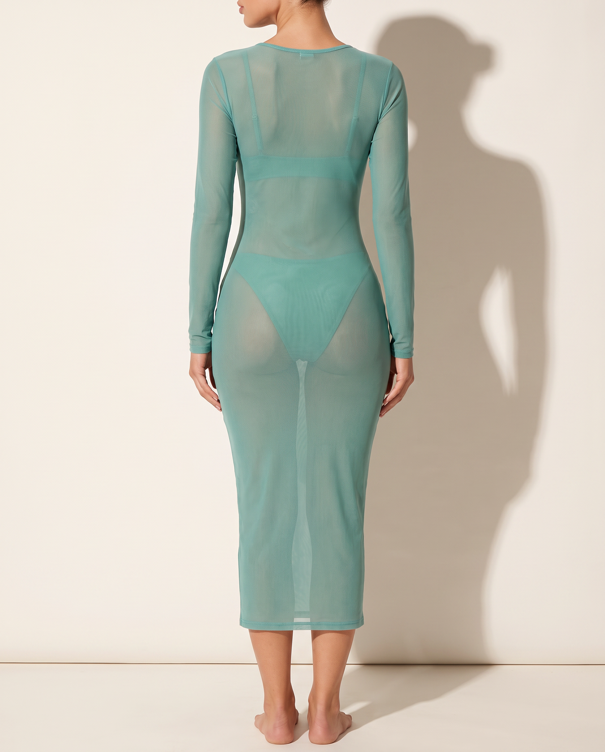 Tie Detailed Mesh Coverup Dress in Green — back view