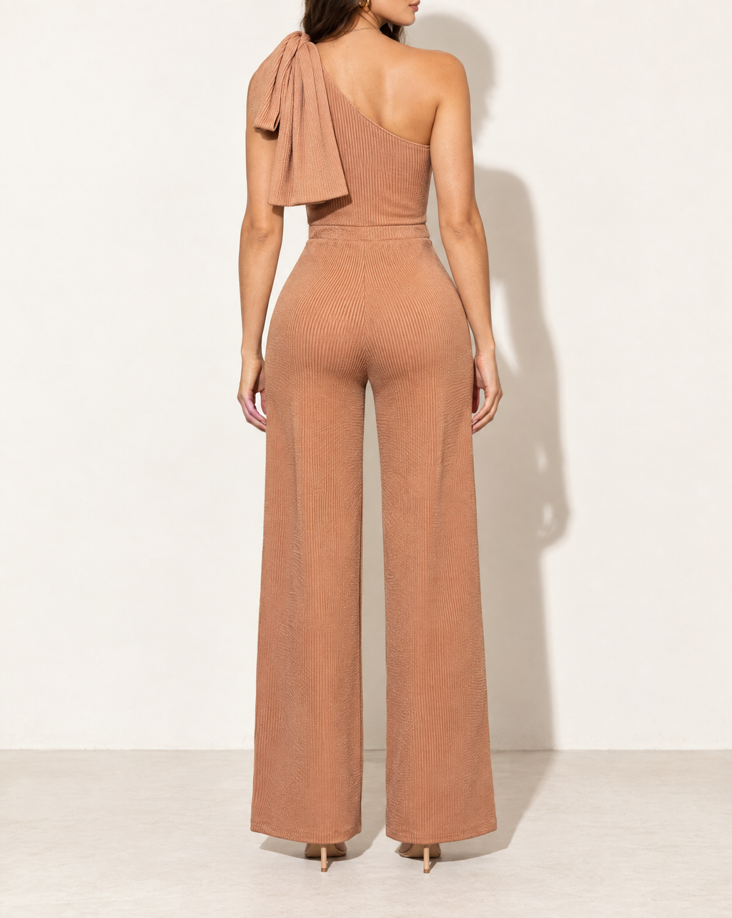 One Shoulder Bow Detailed Wide Leg Jumpsuit in CAPPUCCINO — back view