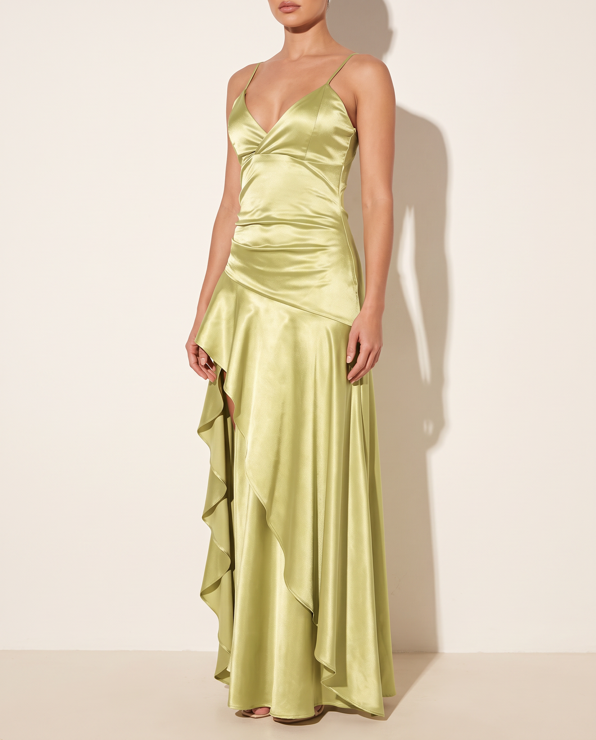 Ruffleddress Satin Maxi in SAGE — alternate front view