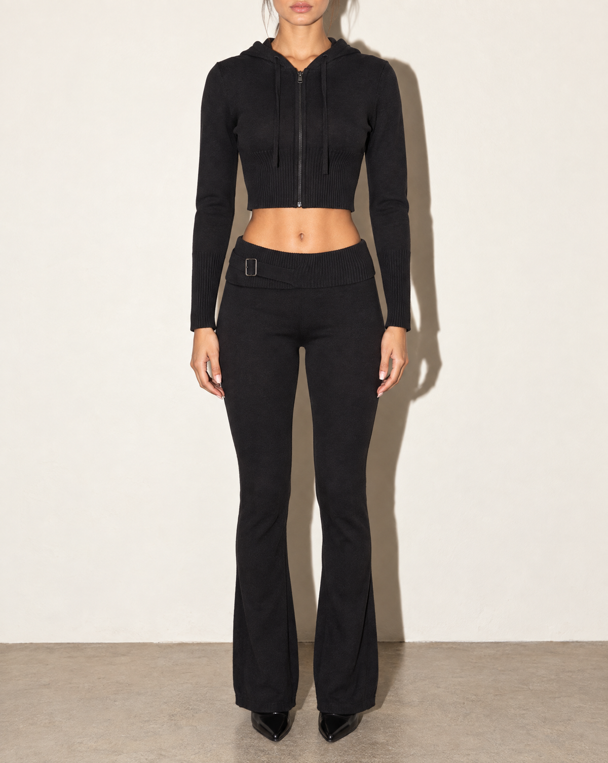 Hoodie Zip Up Top & Pants Set in Black — front view