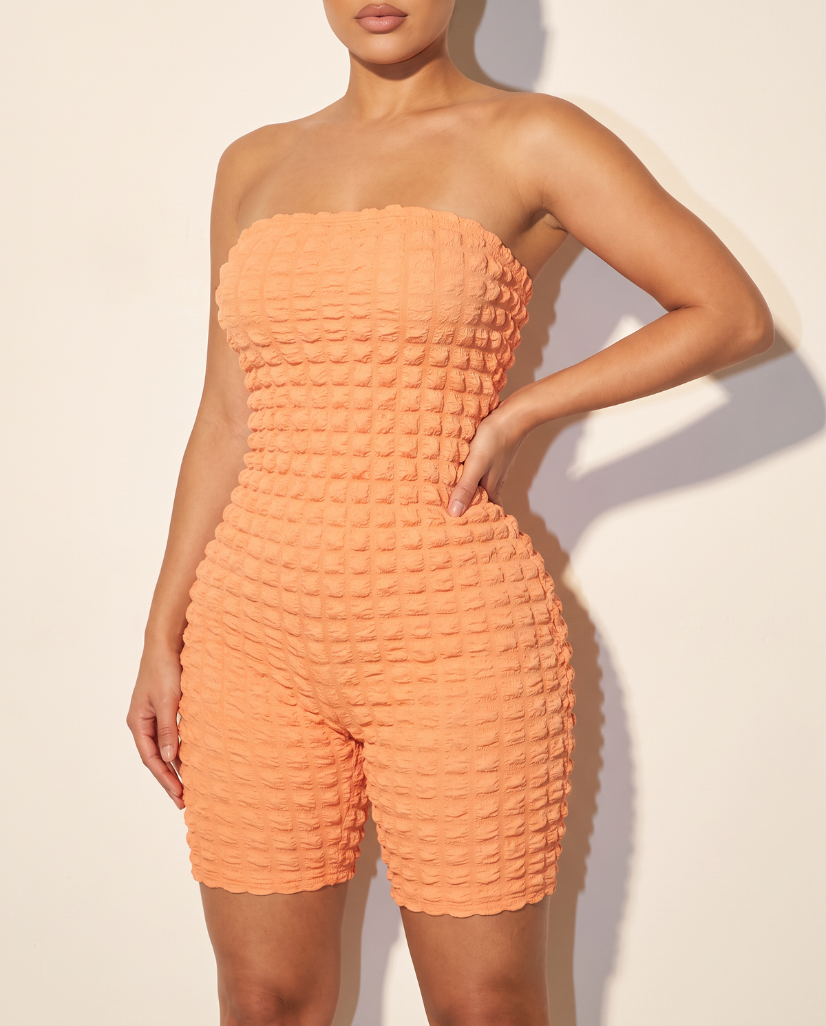 Popcorn Fabric Tube Top Romper in Orange — alternate front view