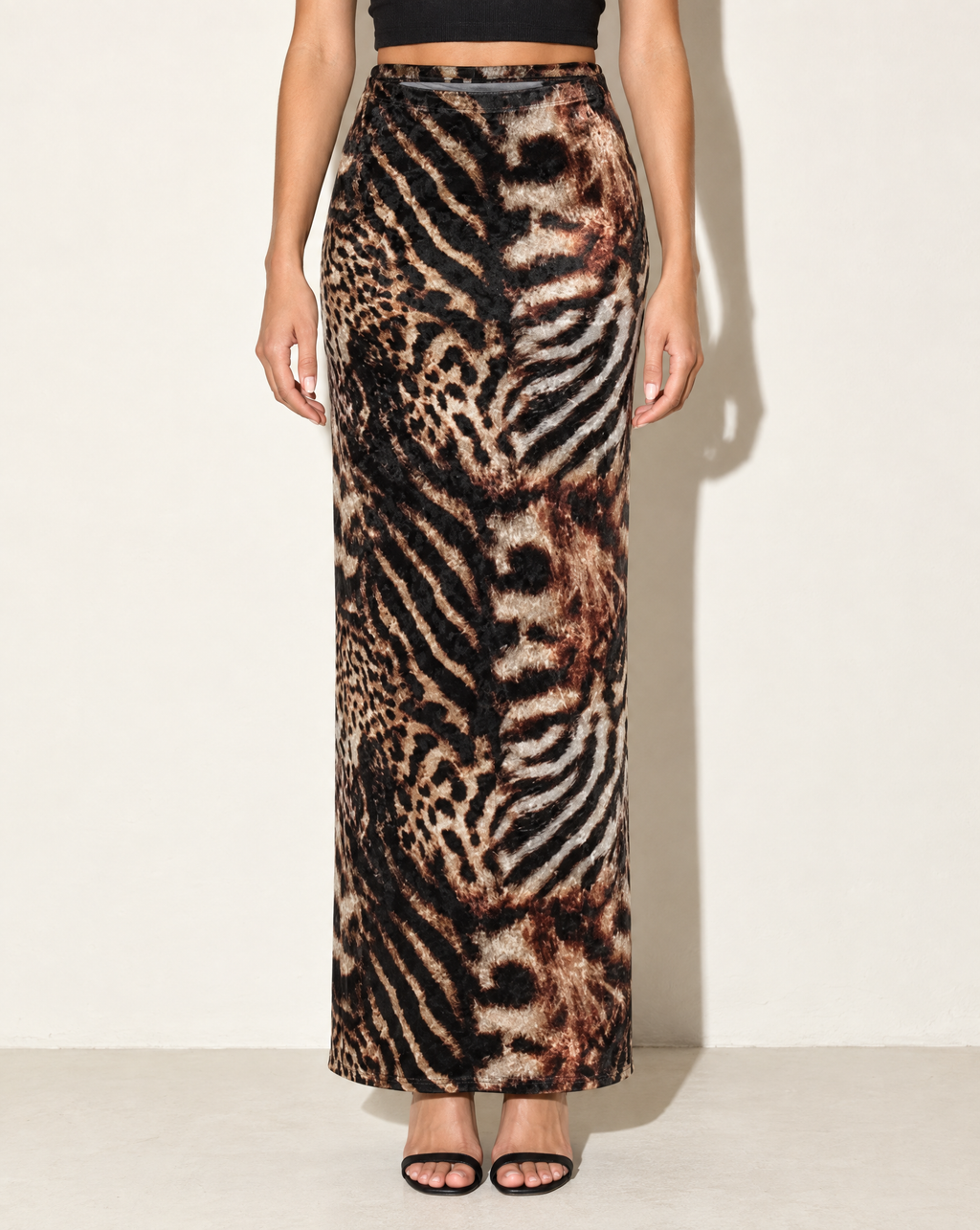 Printed Velvet Maxi Skirt in BROWN MULTI — front view