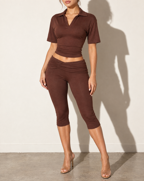 Collar Top & Capri Leggings Set in Brown — alternate front view