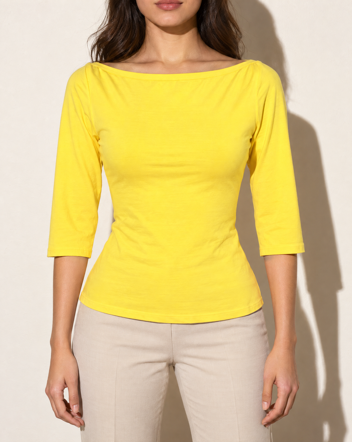 Boat Neck Three-Quarter Sleeve Top in Yellow — front view