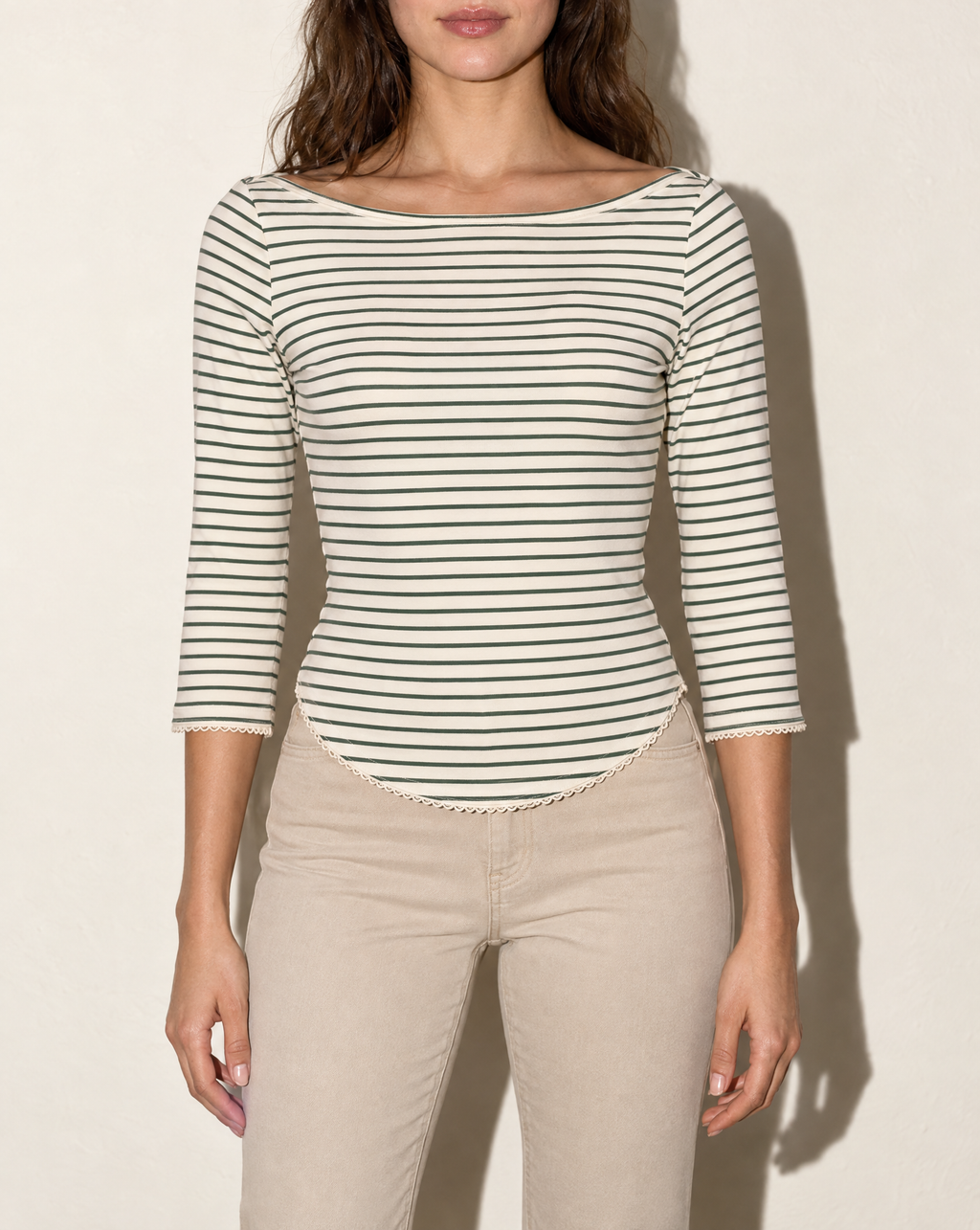 3/4 Sleeves Round Hem Top in ivory/green — front view