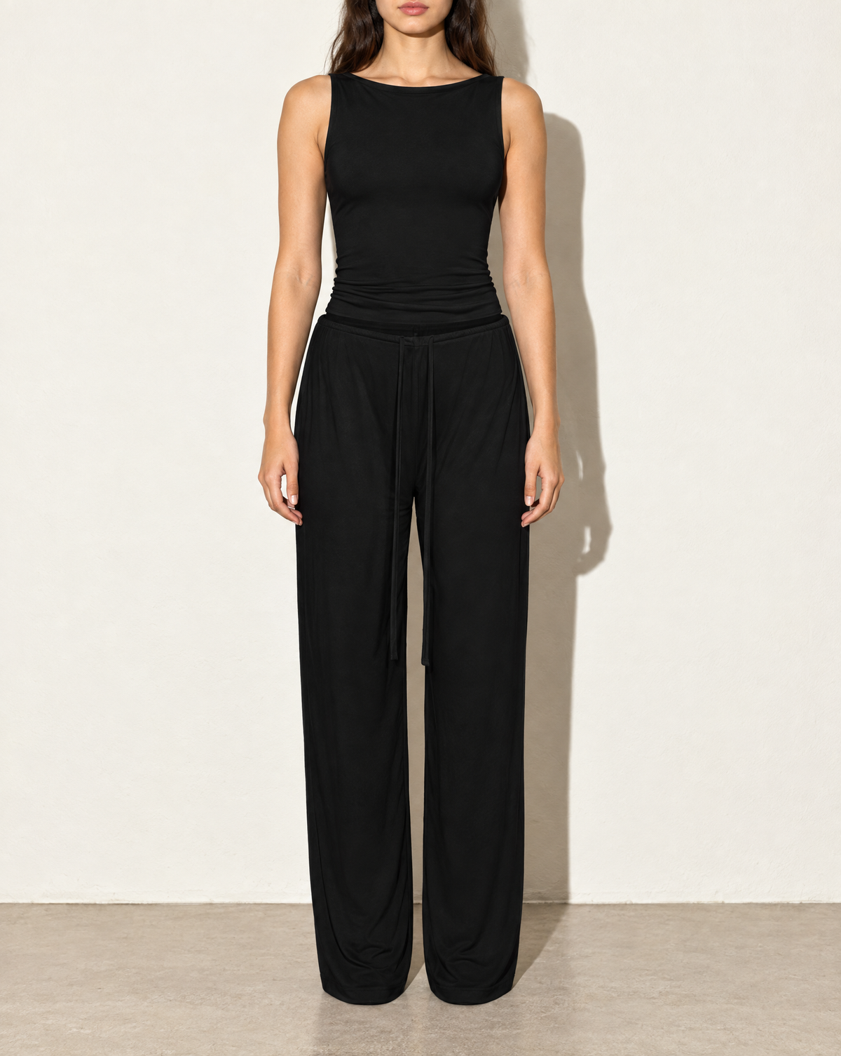 Sleeveless Top & Loose Fit Pants Set in Black — front view
