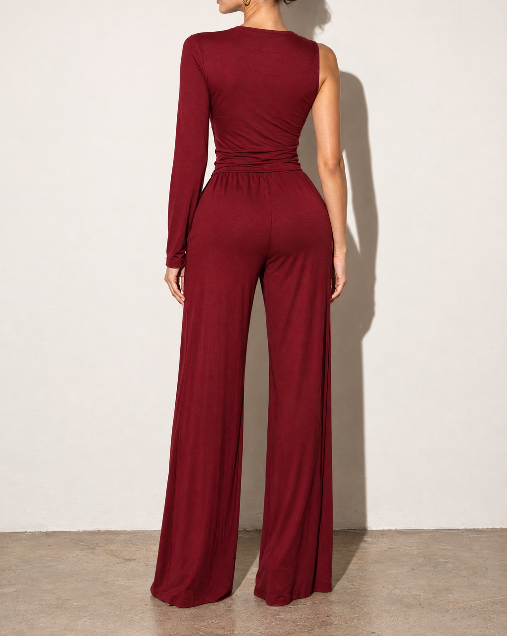 One Sleeve Top & Wide Leg Pants Set in Burgundy — back view