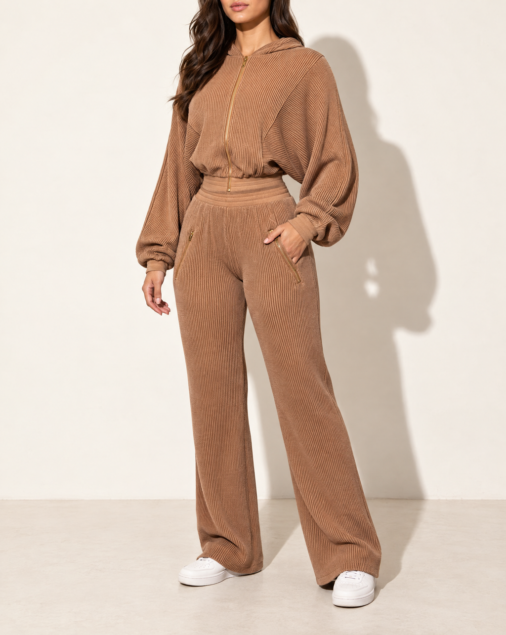 Zipper Closure Hoodie Jacket & Pants Set in CHESTNUT — alternate front view