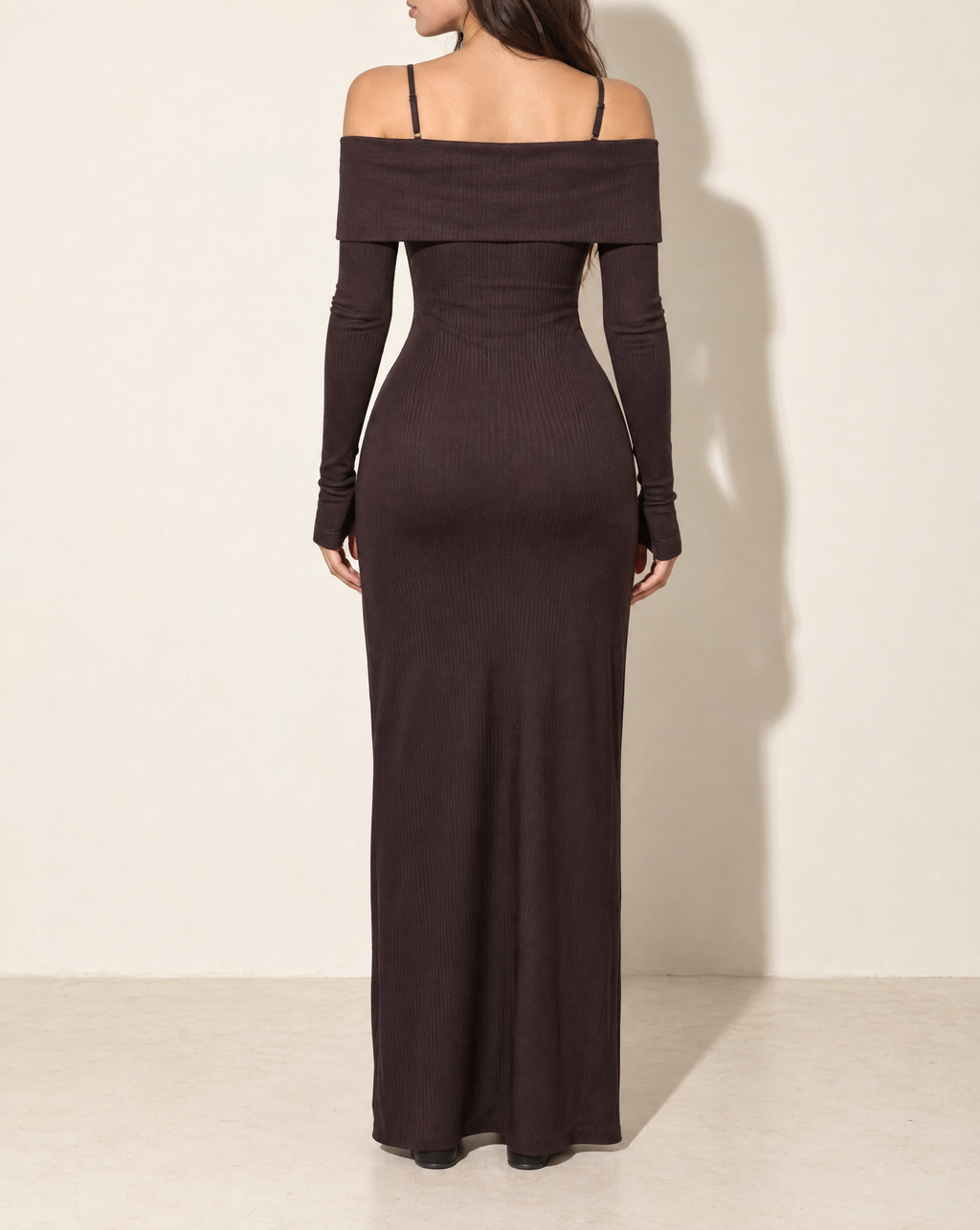 Long Length Off Shoulder Top & Skirt Leggings Set in Brown — back view