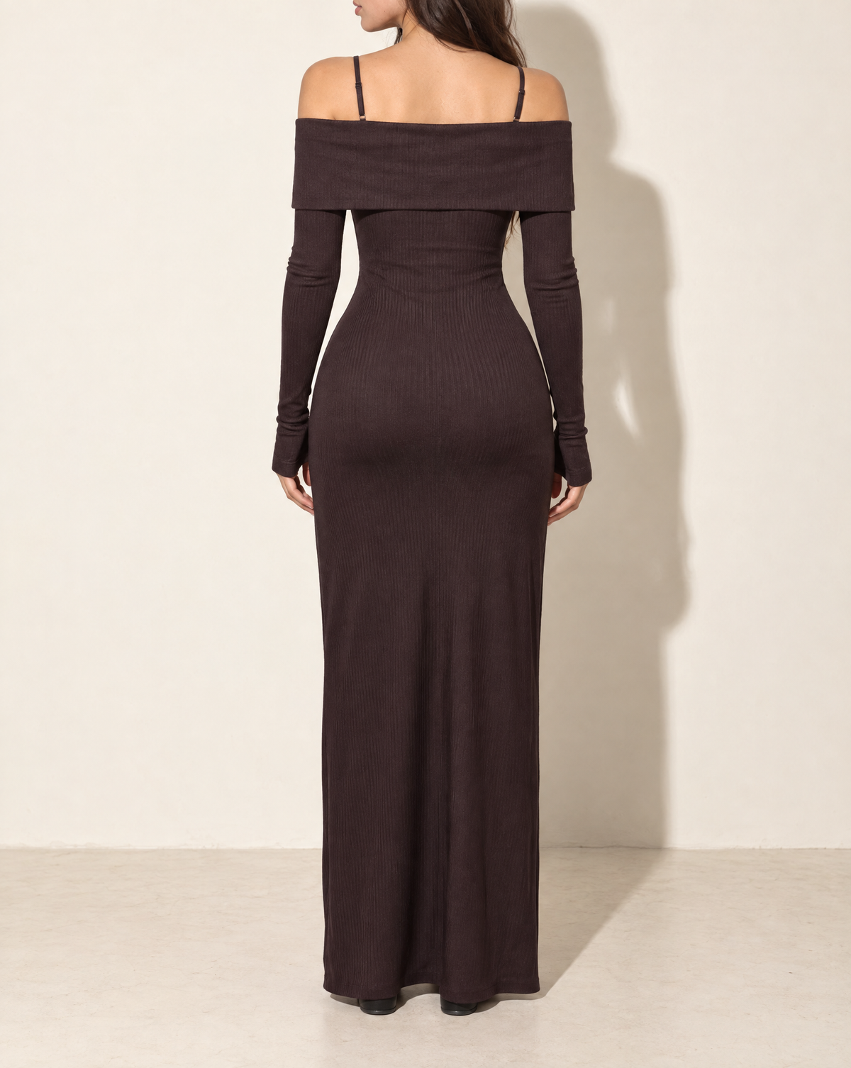 Long Length Off Shoulder Top & Skirt Leggings Set in Brown — back view