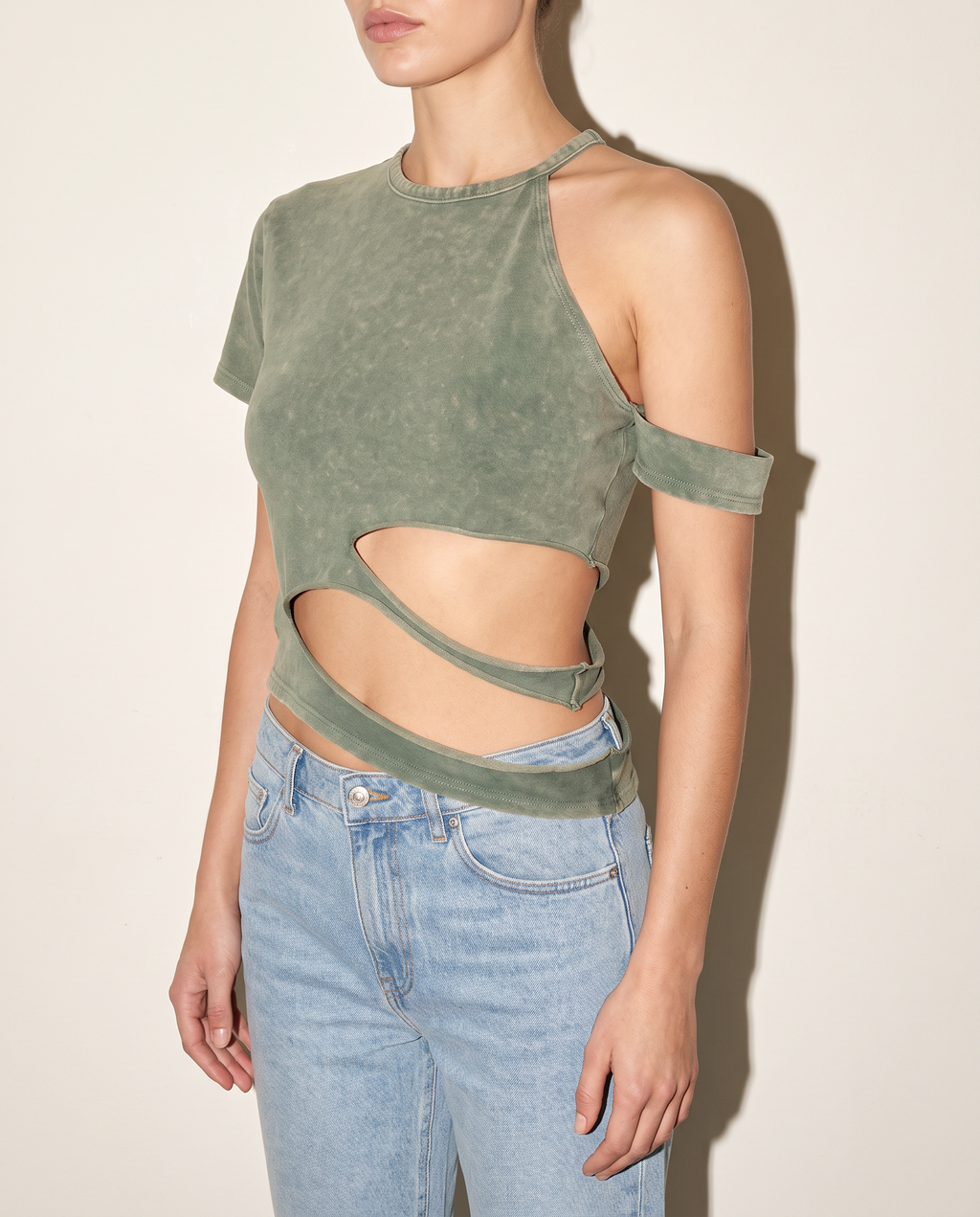 Cutout Detailed Washed T Shirt in Olive — alternate front view