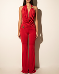 Open Back Halter Cowl Neck Top & Pants Set in Red — front view