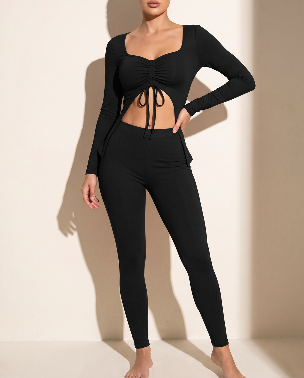 Ruched Drawstring Top Set in Black — alternate front view