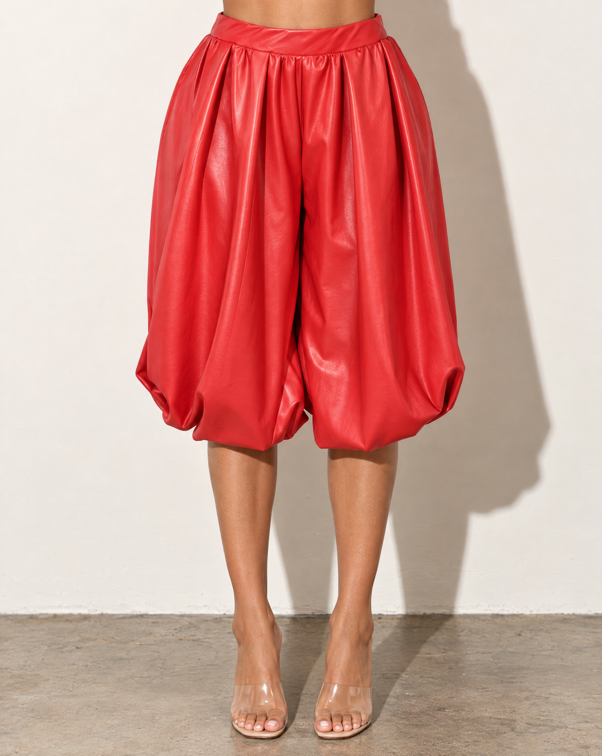 PU Bubble Capri Fashion Pants in Red — front view