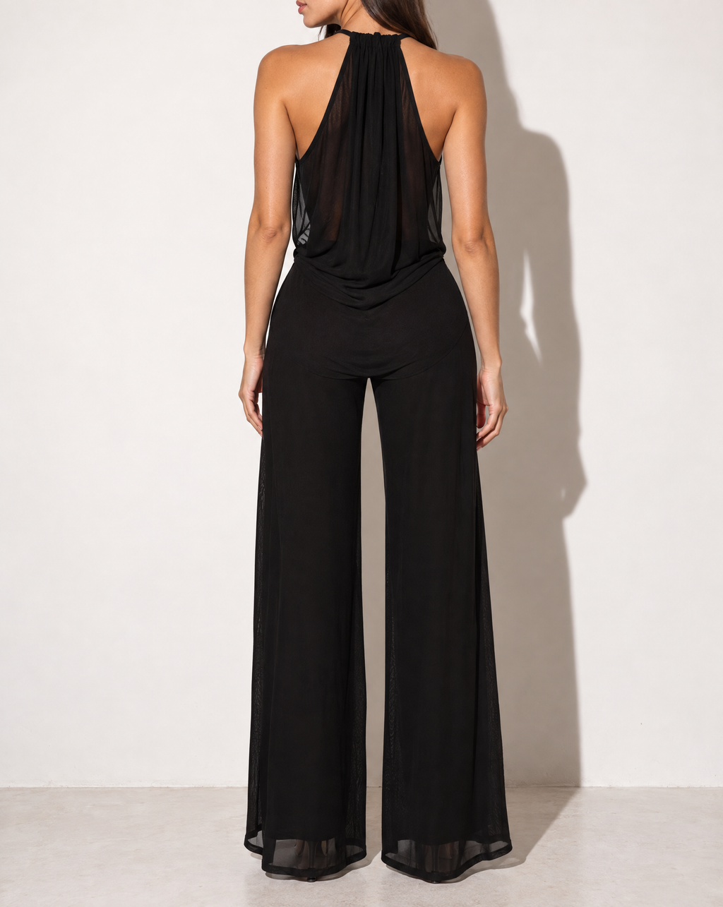 Deep Cowl Neck Sleeveless Top & Pants Set in Black — back view
