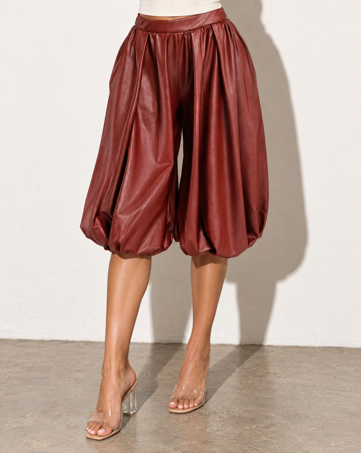 PU Bubble Capri Fashion Pants in Rust — alternate front view