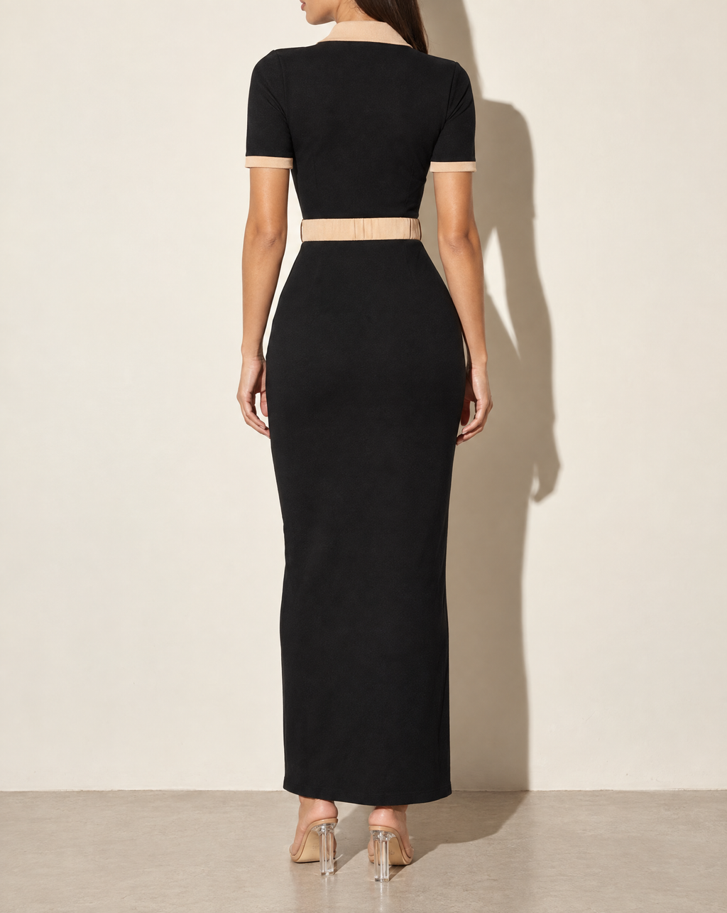 Collared Neck Button Down Dress With Front Slit in BLACK/TAUPE — back view