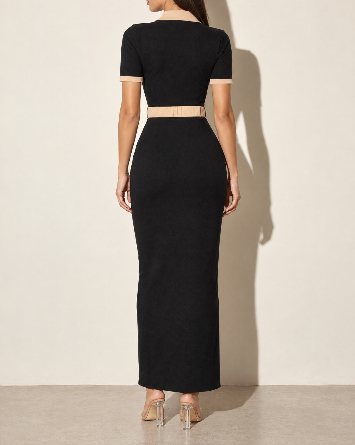 Collared Neck Button Down Dress With Front Slit in BLACK/TAUPE — back view